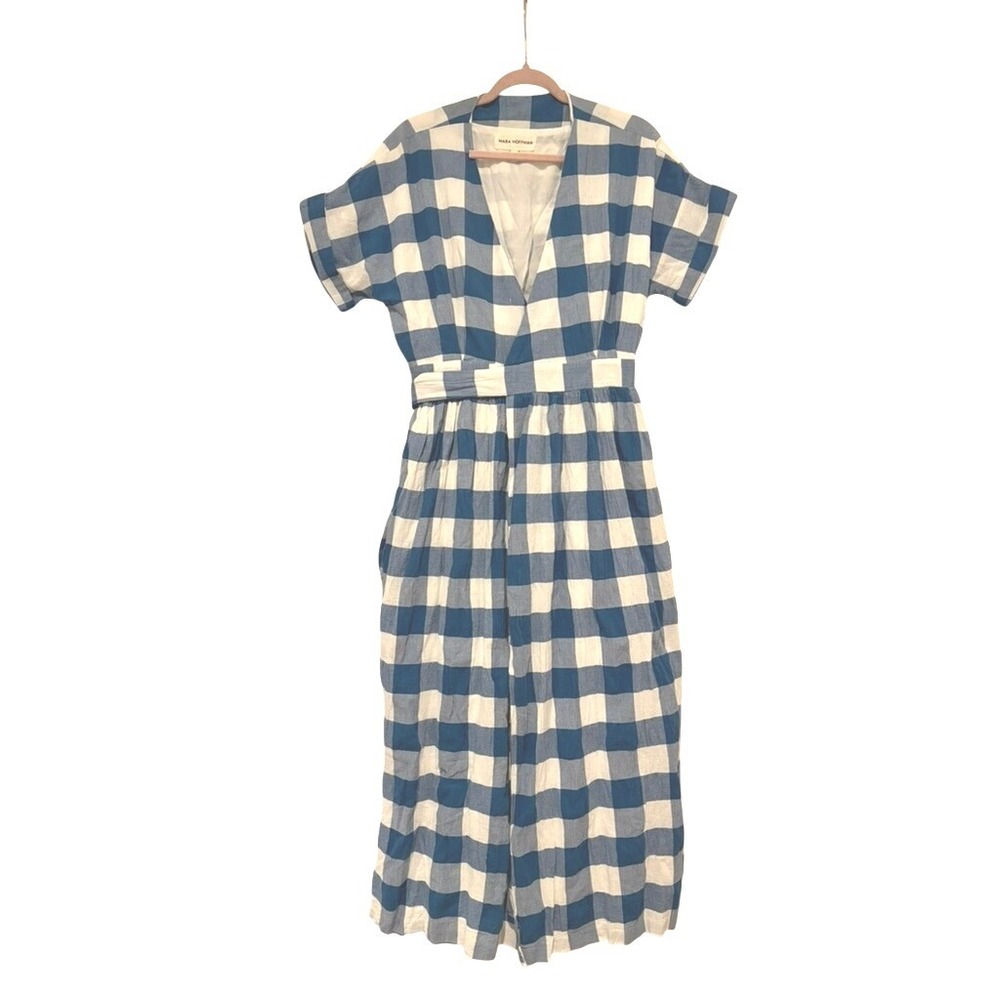 Mara‎ Hoffman sz M blue plaid organic cotton short sleeve wrap maxi dress KK